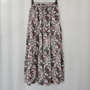 Front Tie Tiered Midi Skirt in Gray & Pink Floral Print Women's Size XS